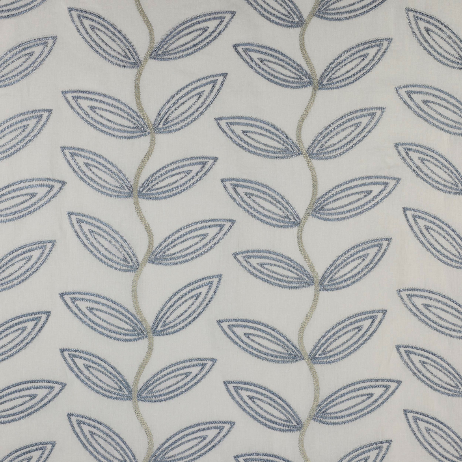 Ivory fabric swatch with blue-grey leaf motif and pale olive trailing stems