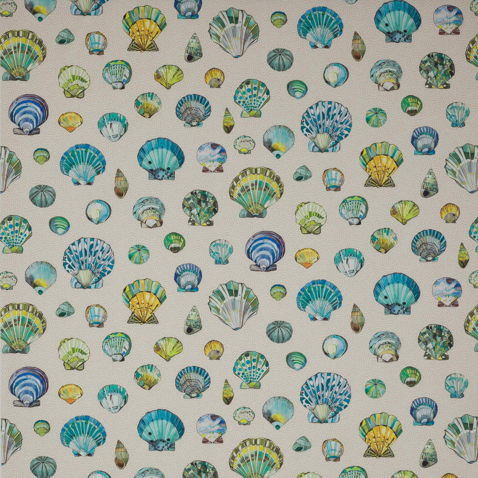 Small shell motifs in aqua, teal and yellow on a warm ivory ground