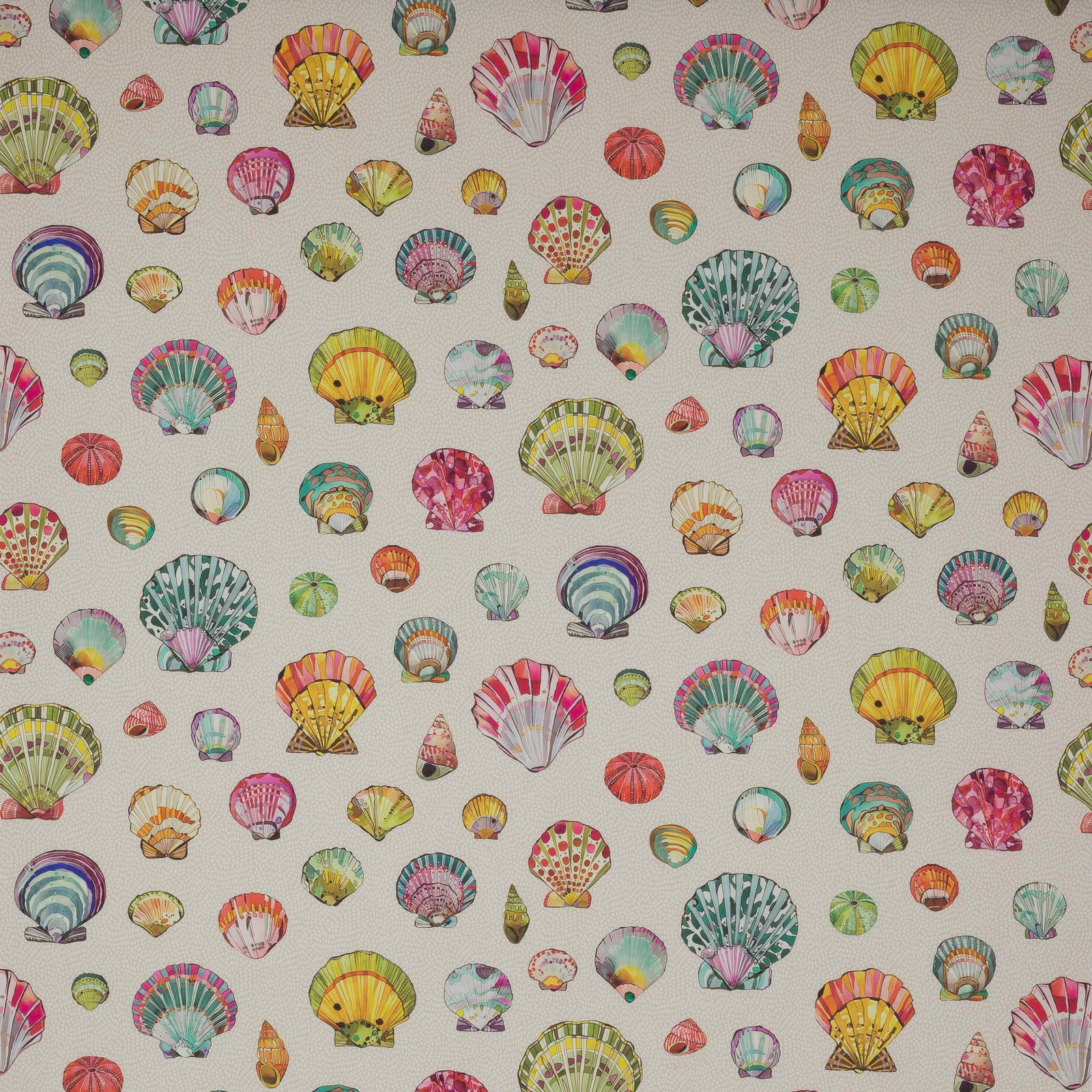 Cream fabric swatch with scattered multicoloured shell motifs and fine texture