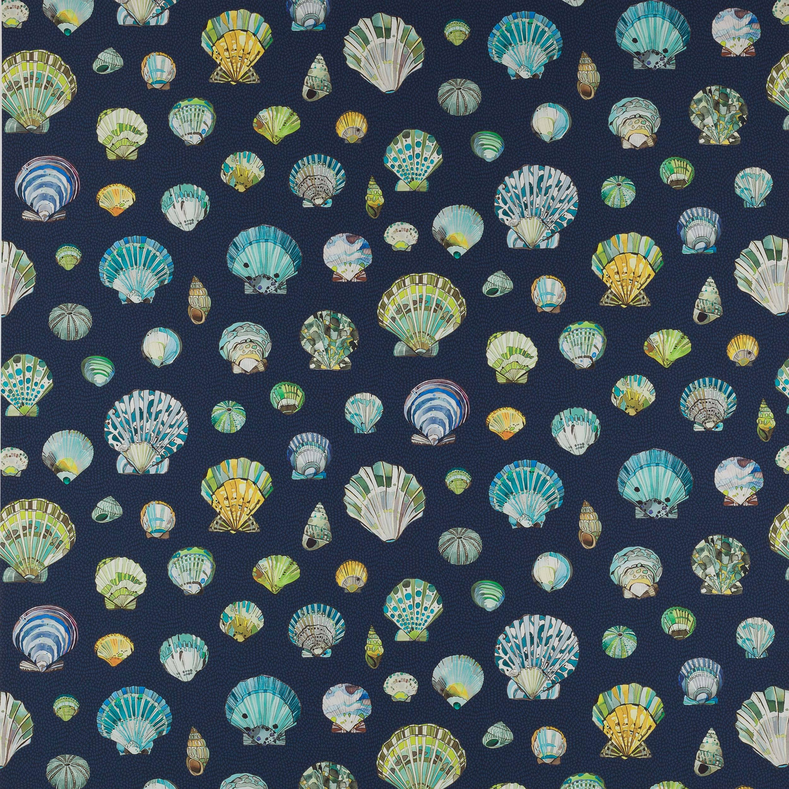 Navy fabric swatch with colourful shell motifs in turquoise, green and yellow