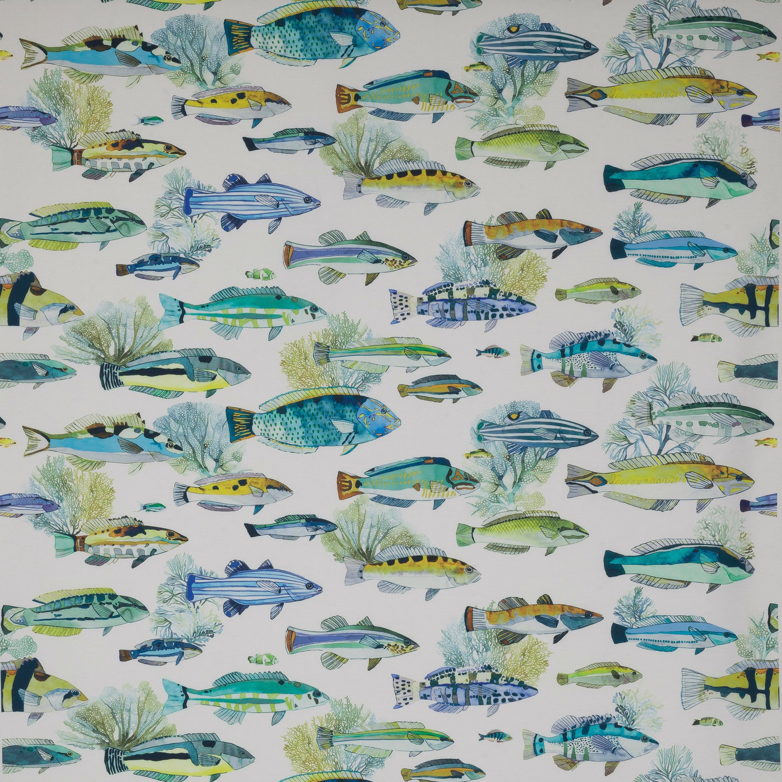Printed fabric swatch with aqua and blue fish on a pale ground