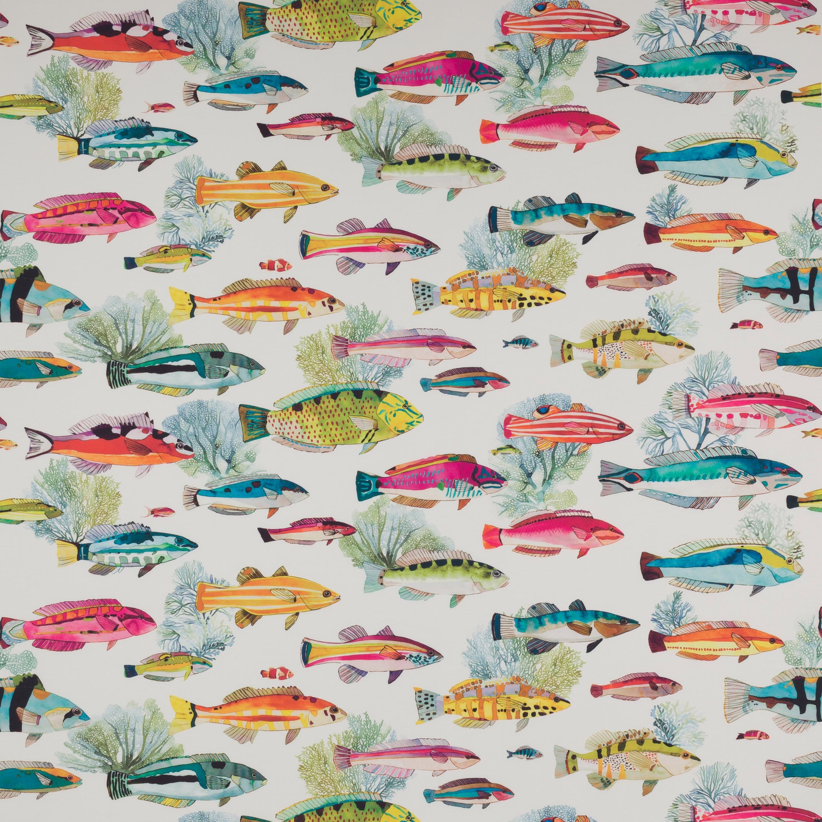 Colourful fish print on pale ground with coral, turquoise and yellow accents