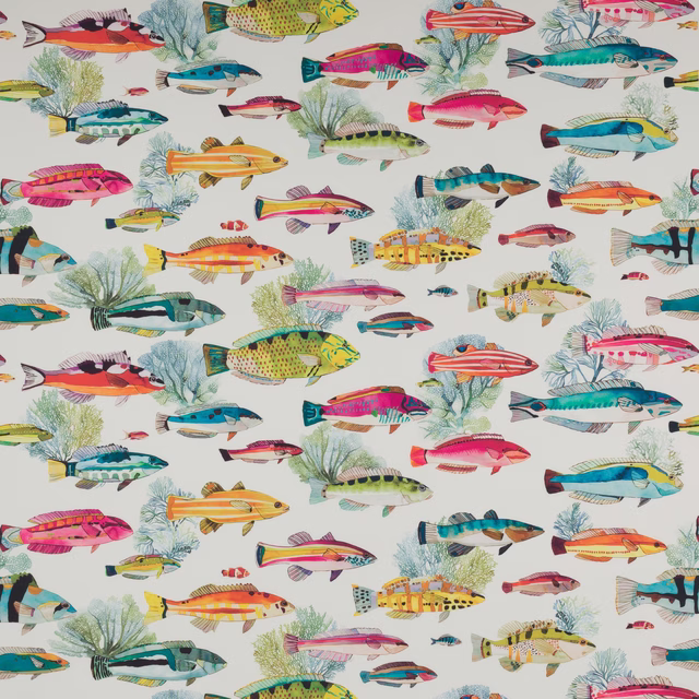 Colourful fish print on pale ground with coral, turquoise and yellow accents