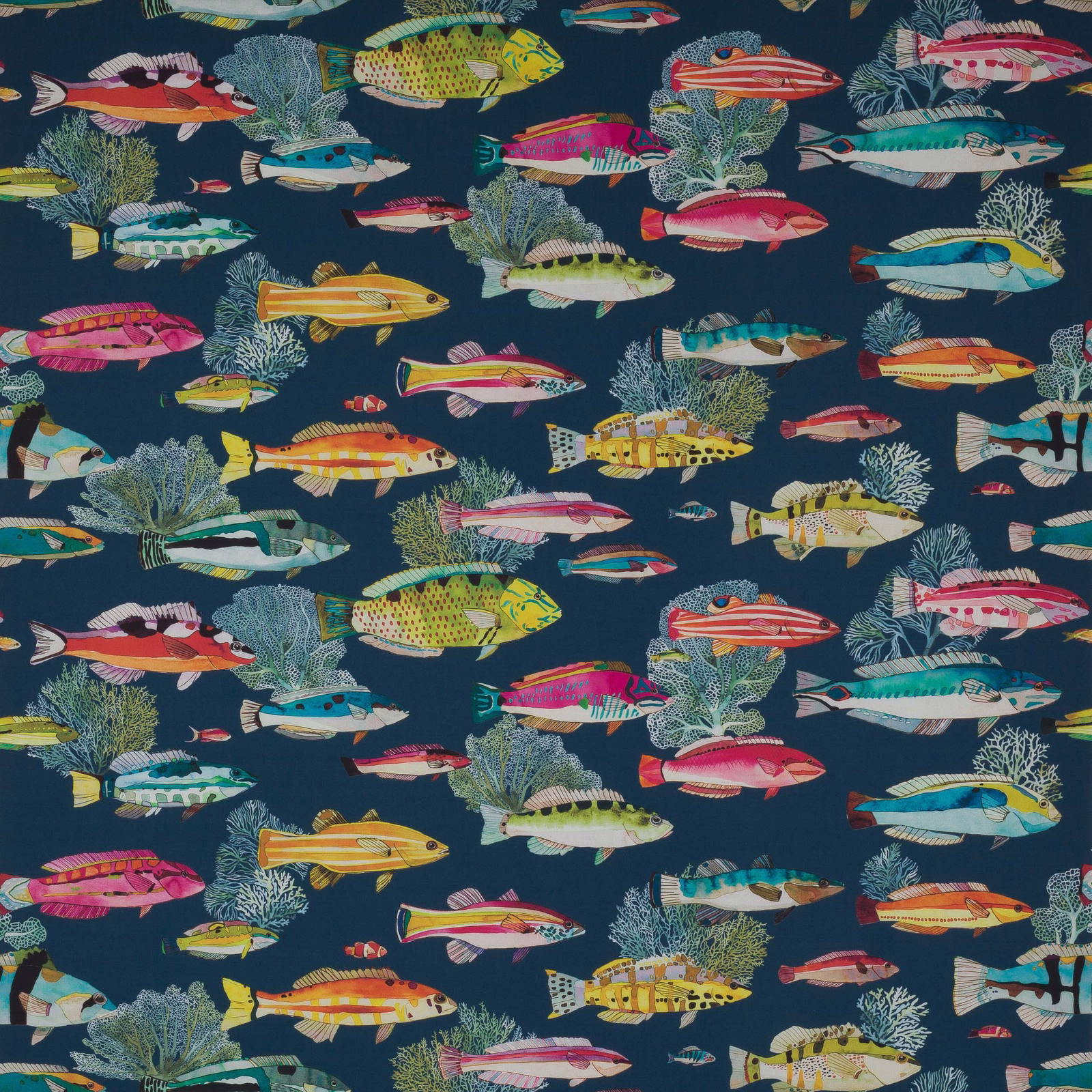 Navy fabric swatch printed with colourful tropical fish and pale coral motifs