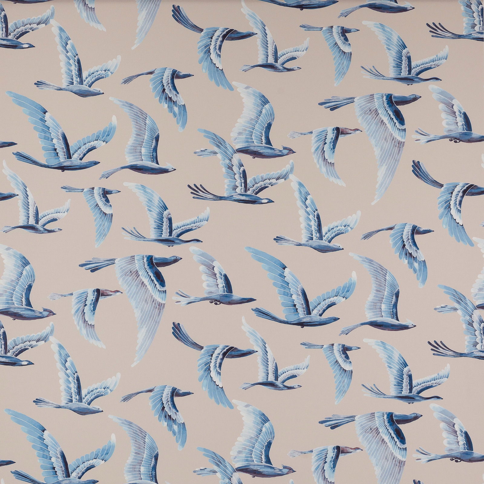 Large bird motif fabric with pale blue and white birds on a soft beige ground