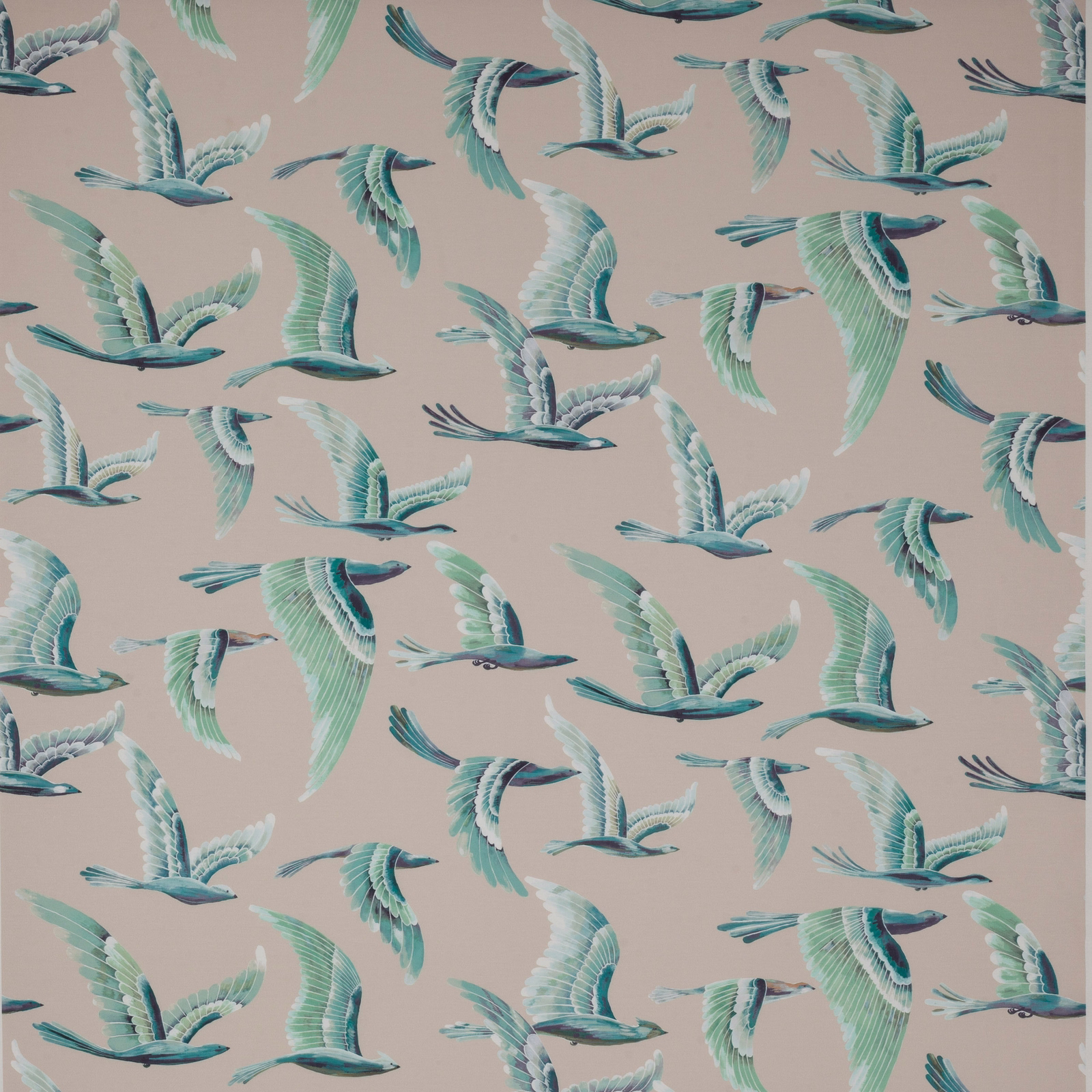 Swatch of mint and teal flying birds on a warm beige ground