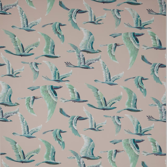 Swatch of mint and teal flying birds on a warm beige ground