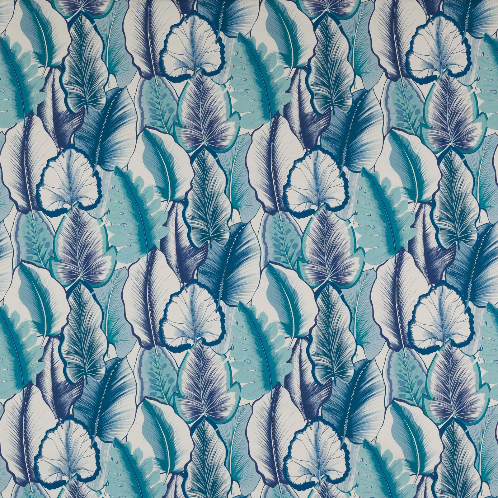 Leaf-patterned fabric in teal, navy and white with a smooth printed finish