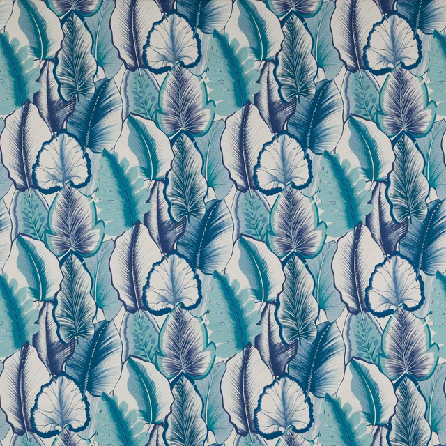 Leaf-patterned fabric in teal, navy and white with a smooth printed finish