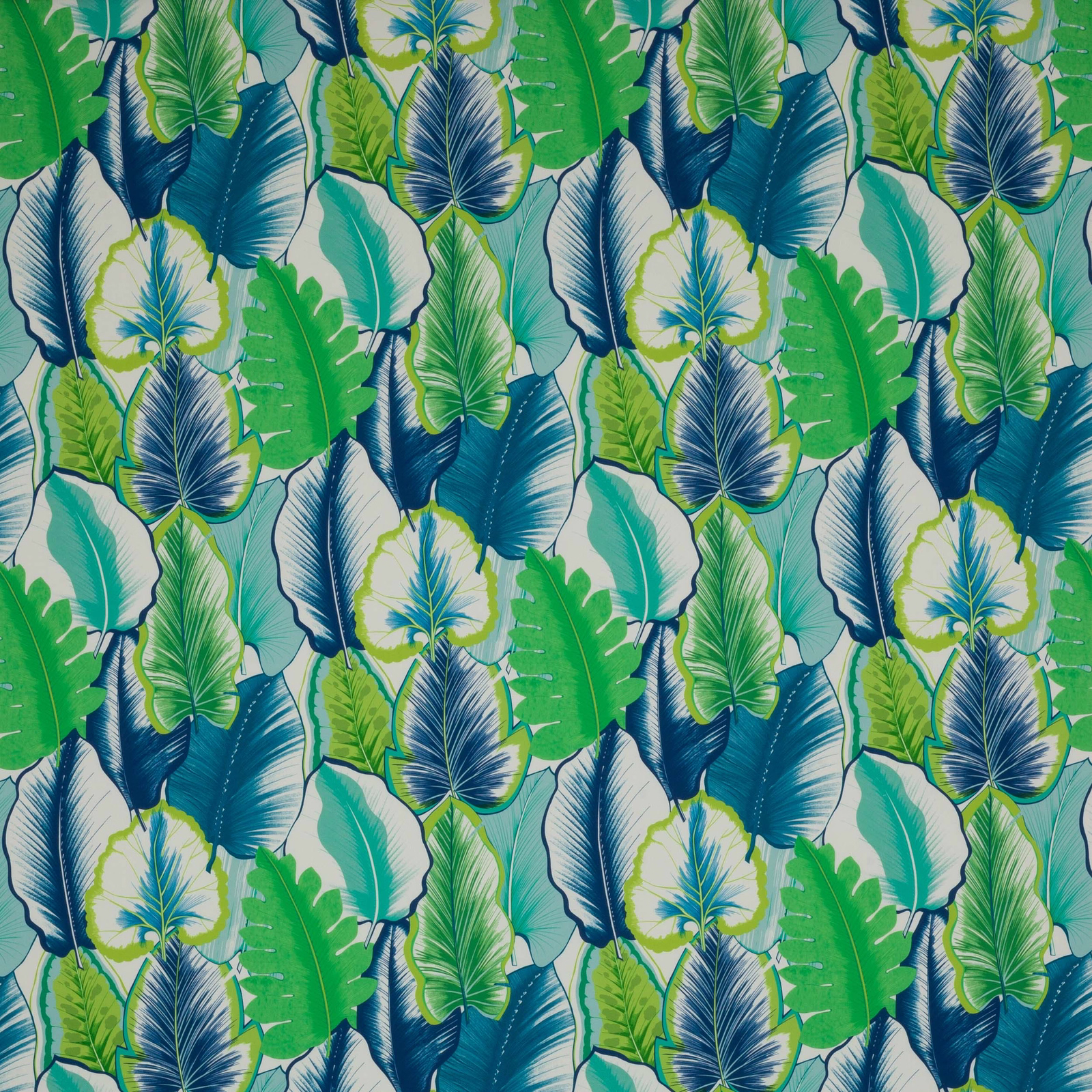 Large tropical leaf print in indigo blue, teal, aqua and lime on white