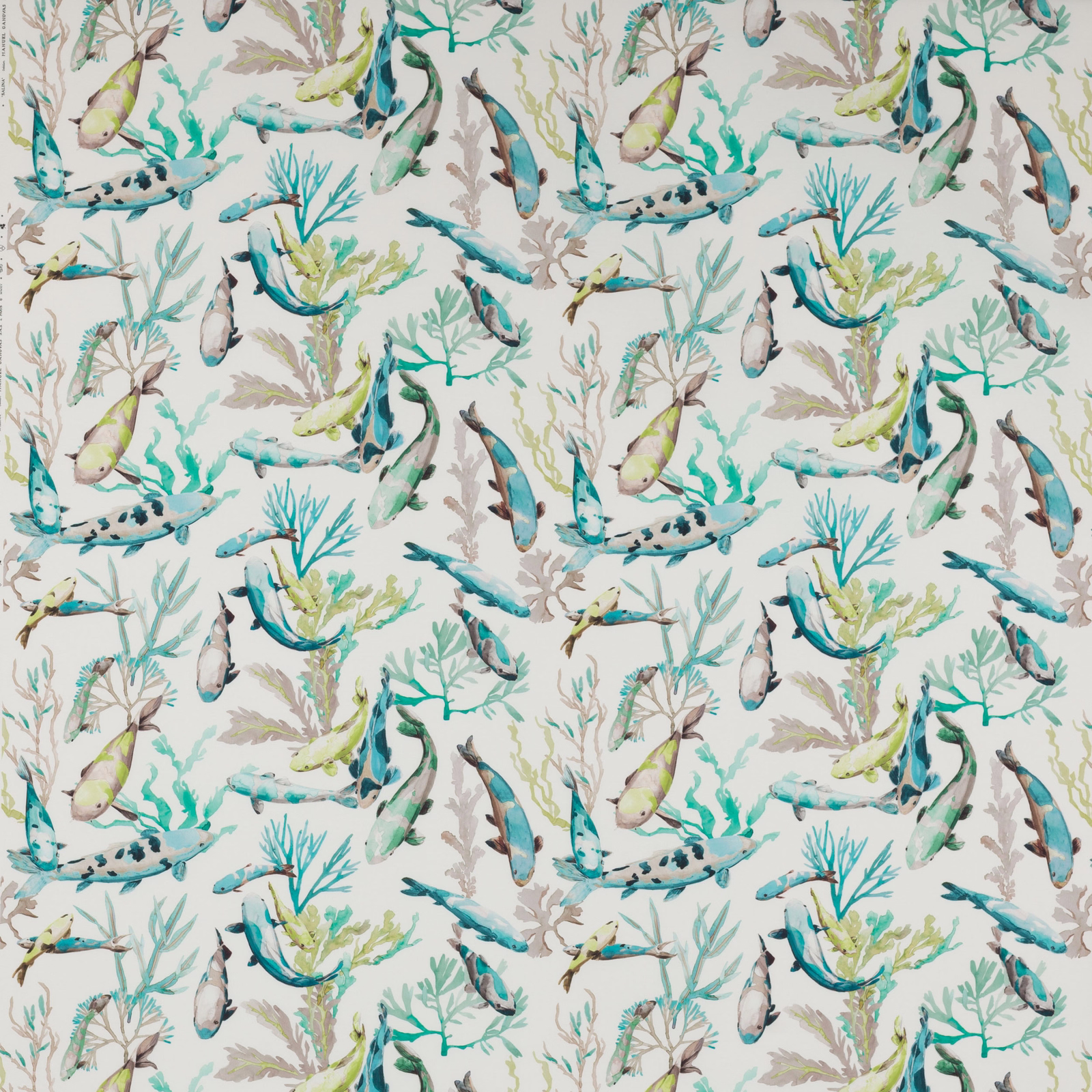 Painterly aqua and turquoise botanical motif on a white fabric ground