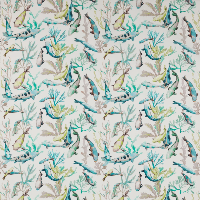 Painterly aqua and turquoise botanical motif on a white fabric ground