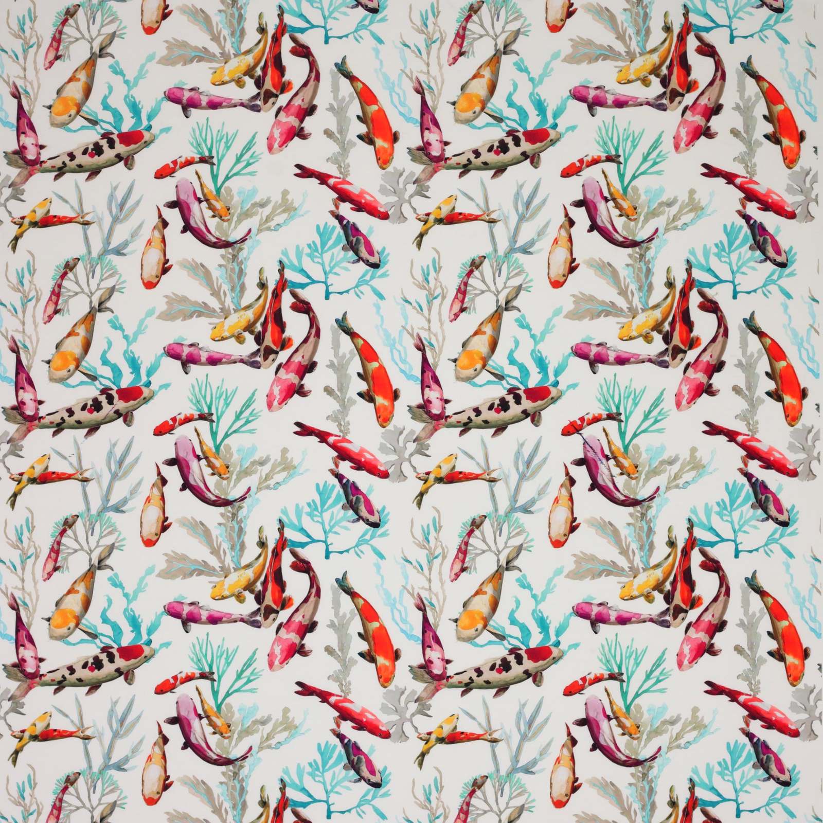 Ivory fabric swatch with vivid multicoloured koi fish and aqua coral motifs