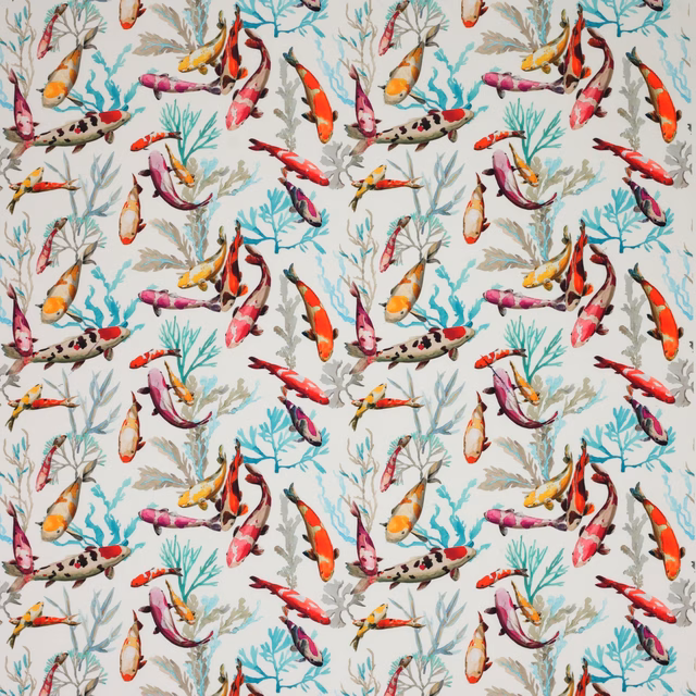Ivory fabric swatch with vivid multicoloured koi fish and aqua coral motifs