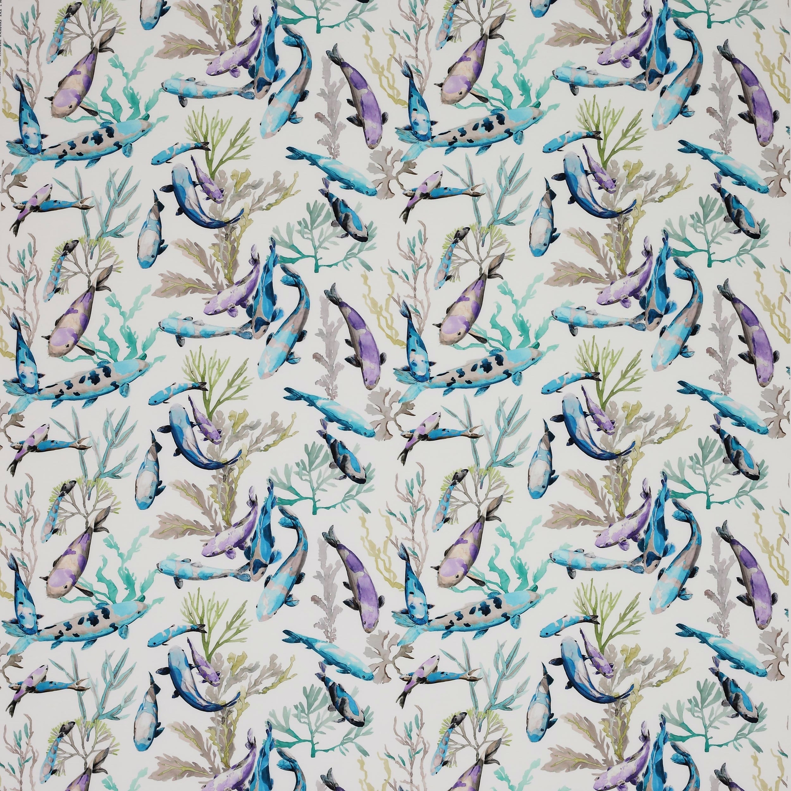Printed fabric swatch with turquoise and lilac fish over pale coral branches