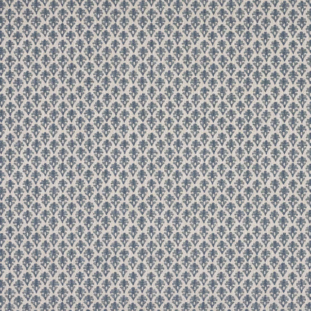 Small blue-grey damask pattern on a pale ivory woven ground