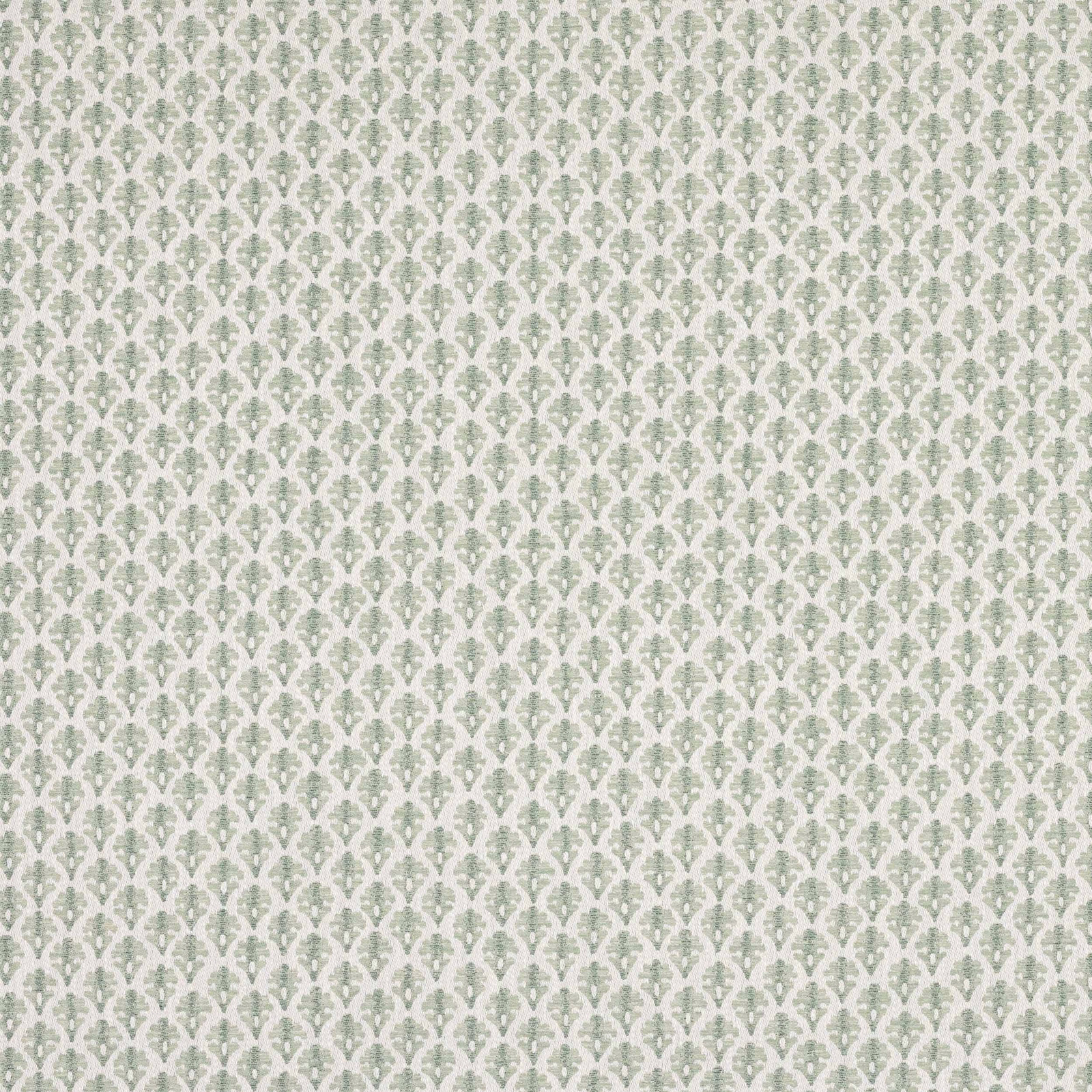 Pale sage green small damask fabric on a light ground