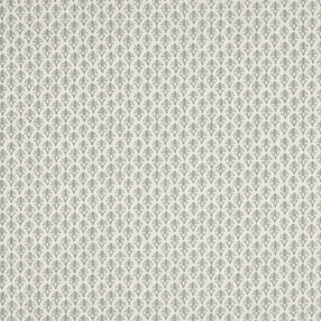 Pale sage green small damask fabric on a light ground