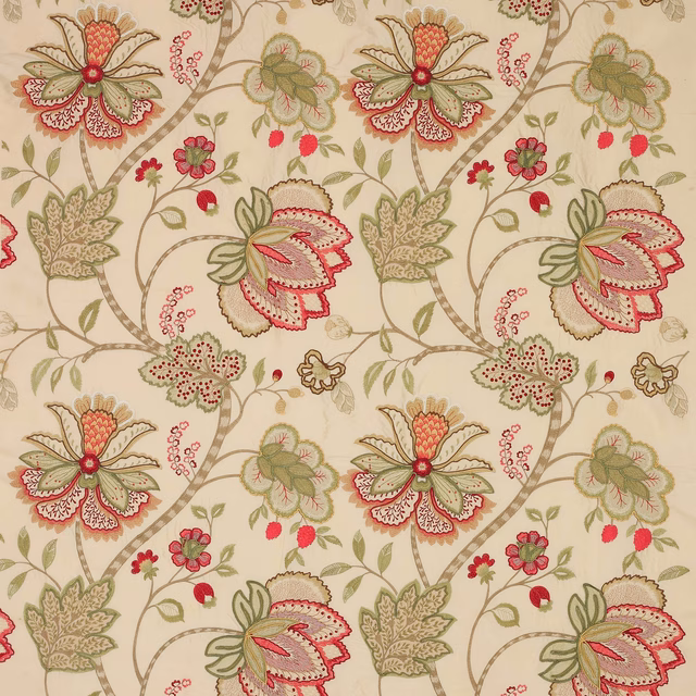Cream silk floral fabric with soft pink blossoms and sage green leaves
