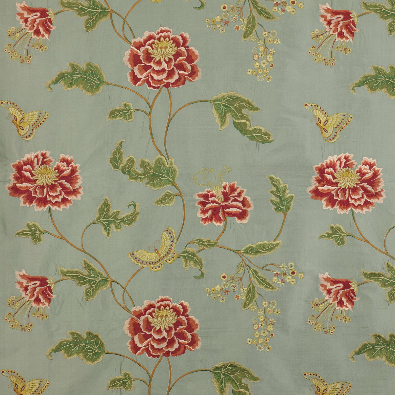 Pale aqua floral fabric with red poppies, green leaves and small butterflies