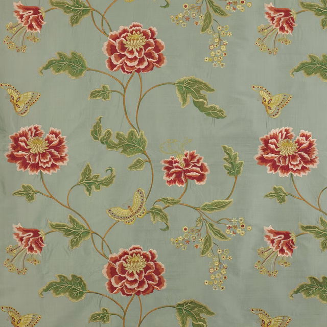 Pale aqua floral fabric with red poppies, green leaves and small butterflies