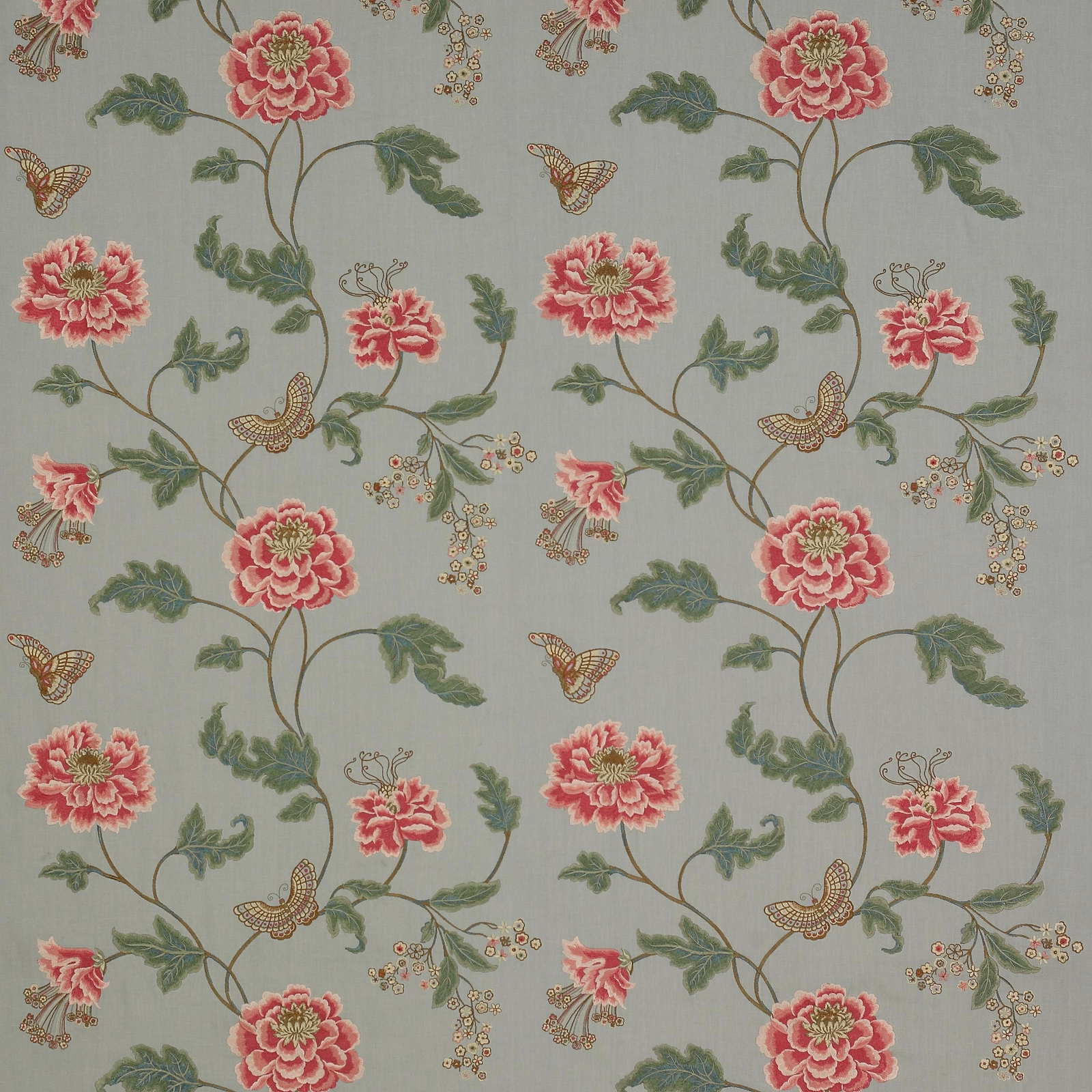 Large pink poppy floral on soft old blue linen ground