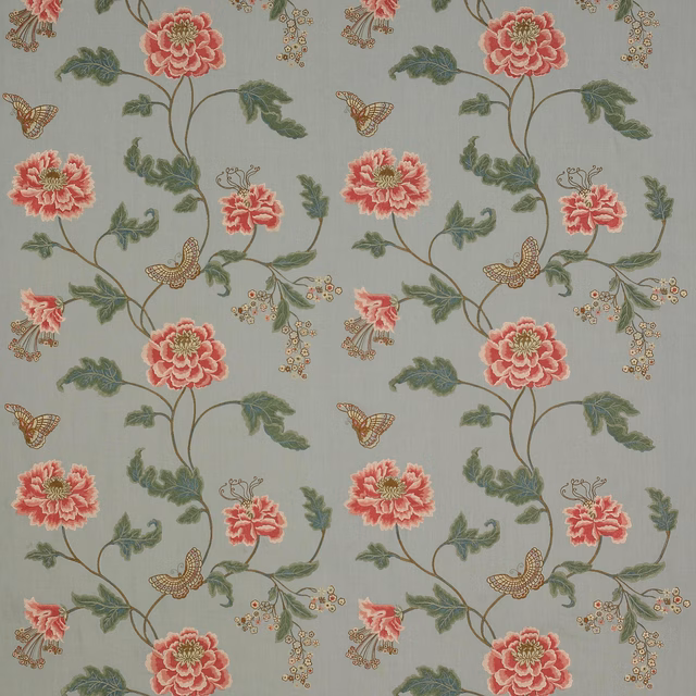 Large pink poppy floral on soft old blue linen ground
