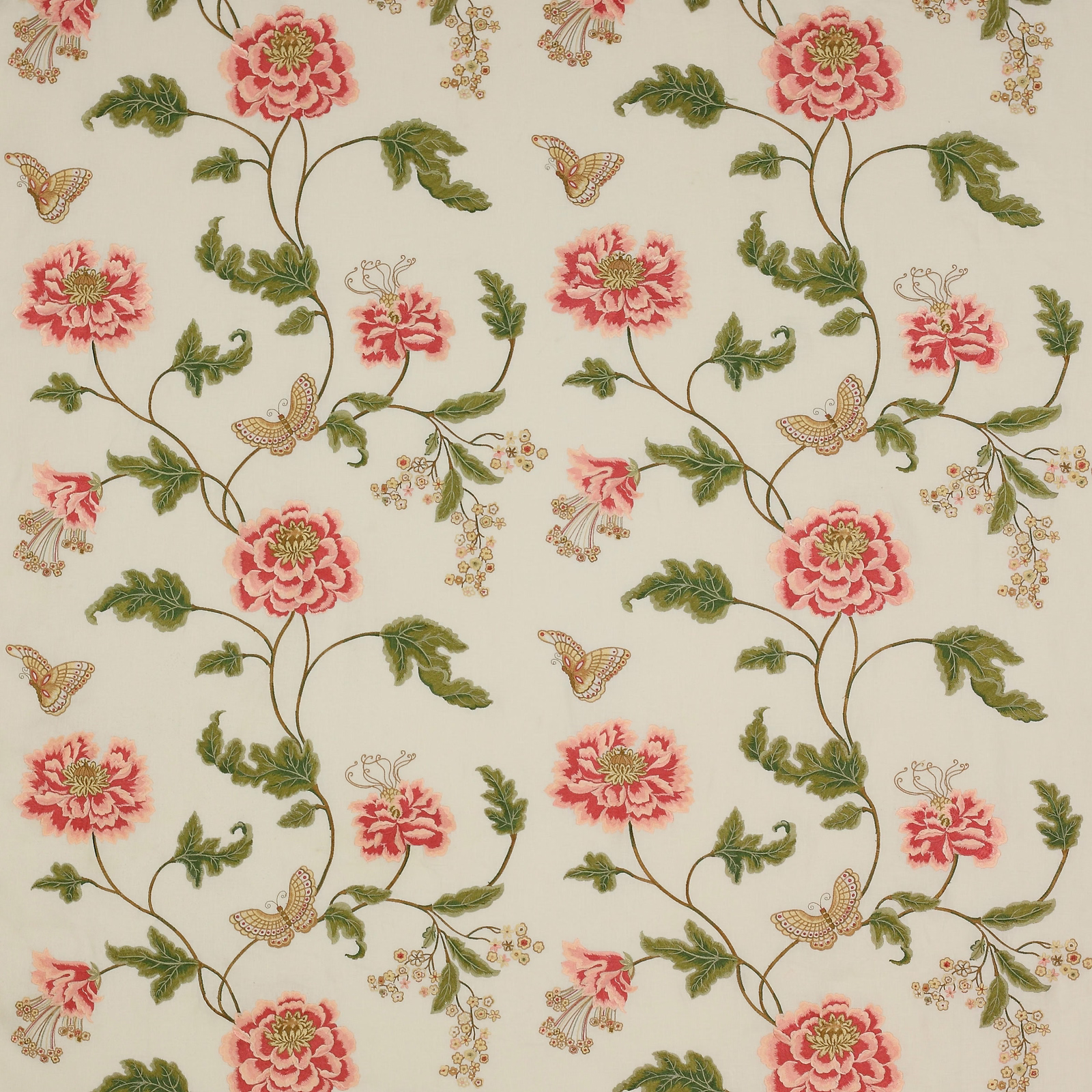 Cream fabric with trailing pink poppies, green vines and small butterflies