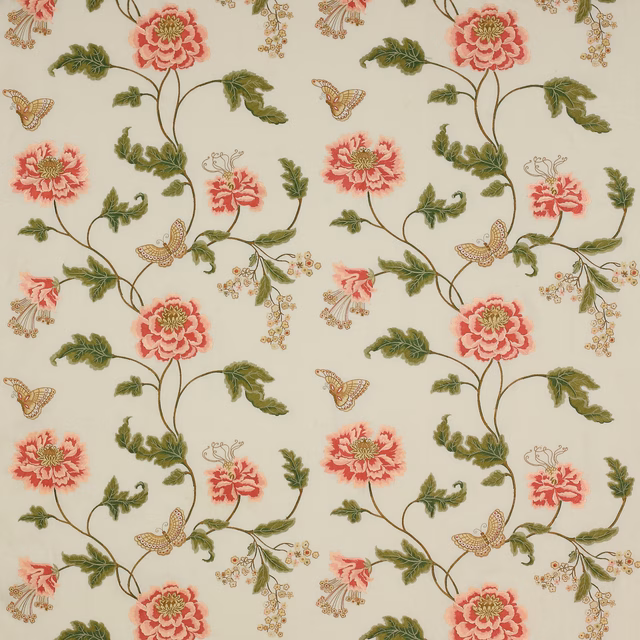Cream fabric with trailing pink poppies, green vines and small butterflies