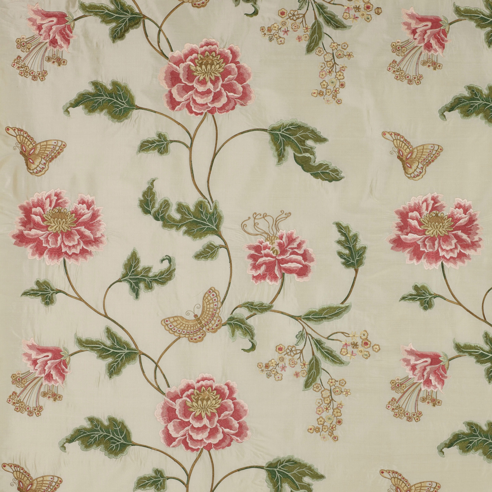 Cream silk-blend fabric with pink poppy flowers, green vines and butterflies
