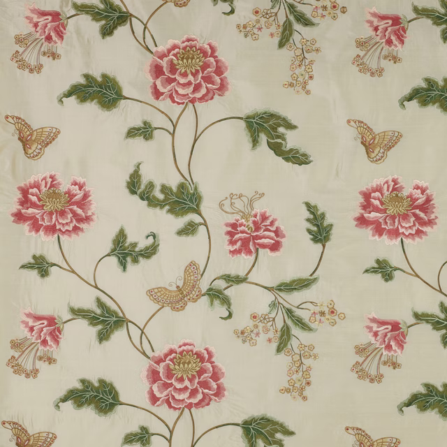 Cream silk-blend fabric with pink poppy flowers, green vines and butterflies