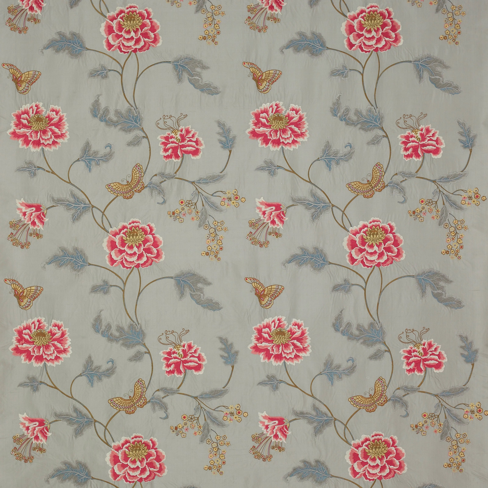 Silver-grey floral fabric with pink poppies, blue leaves and butterflies