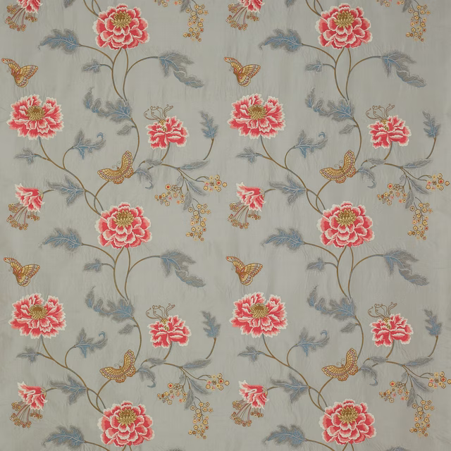 Silver-grey floral fabric with pink poppies, blue leaves and butterflies