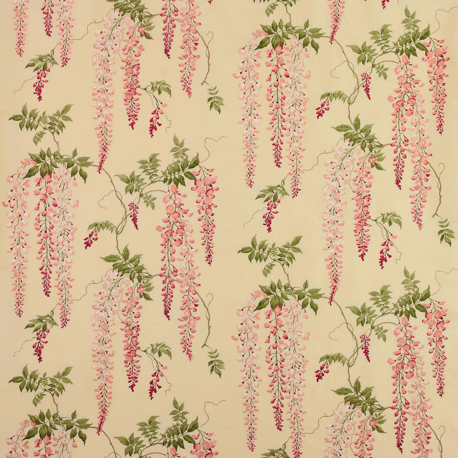 Pale ground fabric with trailing pink blossom clusters and green leafy sprays