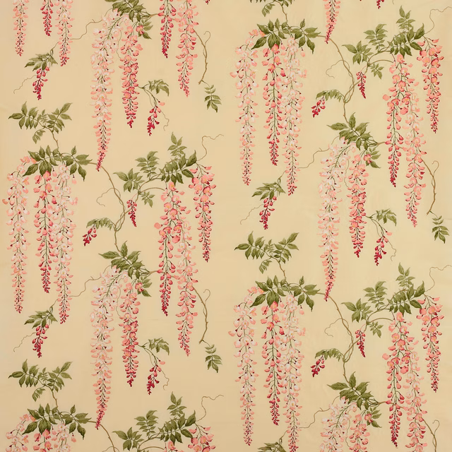 Pale ground fabric with trailing pink blossom clusters and green leafy sprays