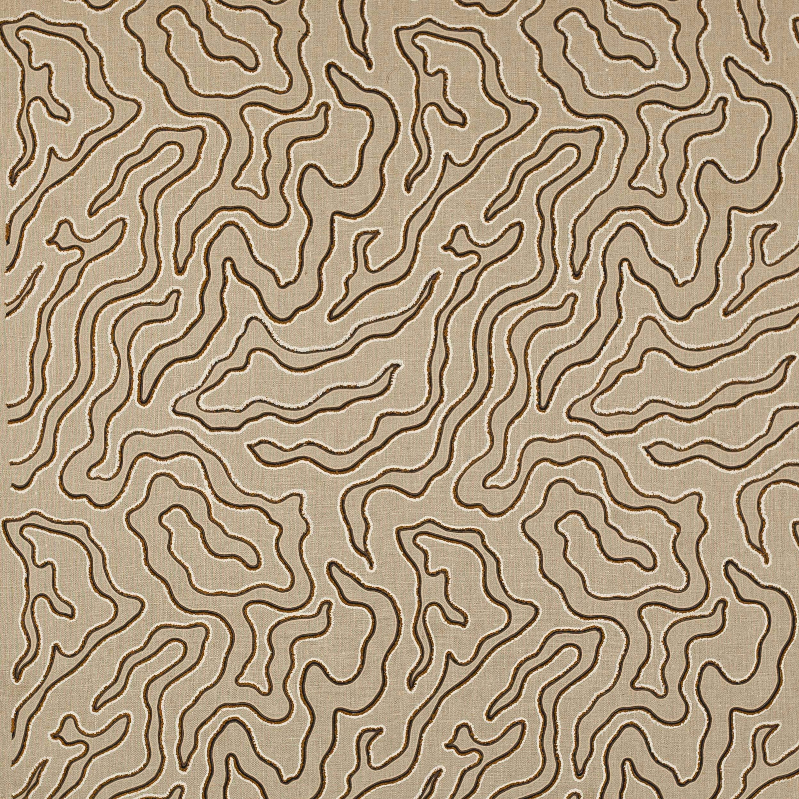 Beige linen fabric with flowing brown abstract outline pattern