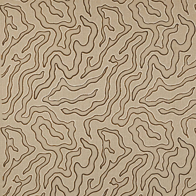 Beige linen fabric with flowing brown abstract outline pattern