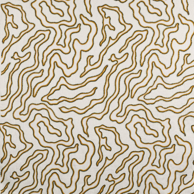 Ivory fabric swatch with raised gold abstract contour lines