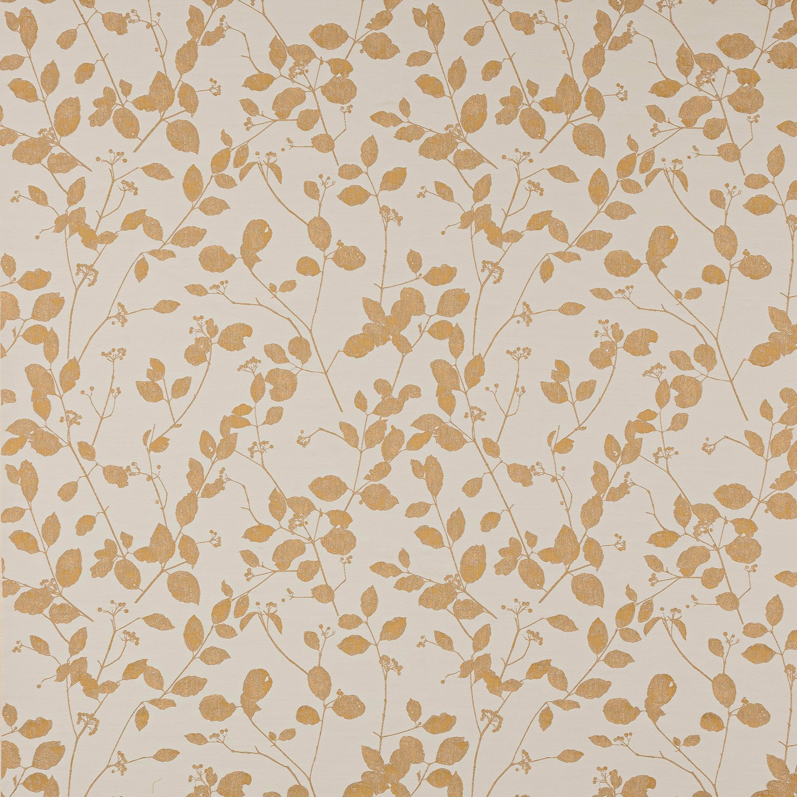 Pale ground fabric with trailing botanical leaves in soft antique gold