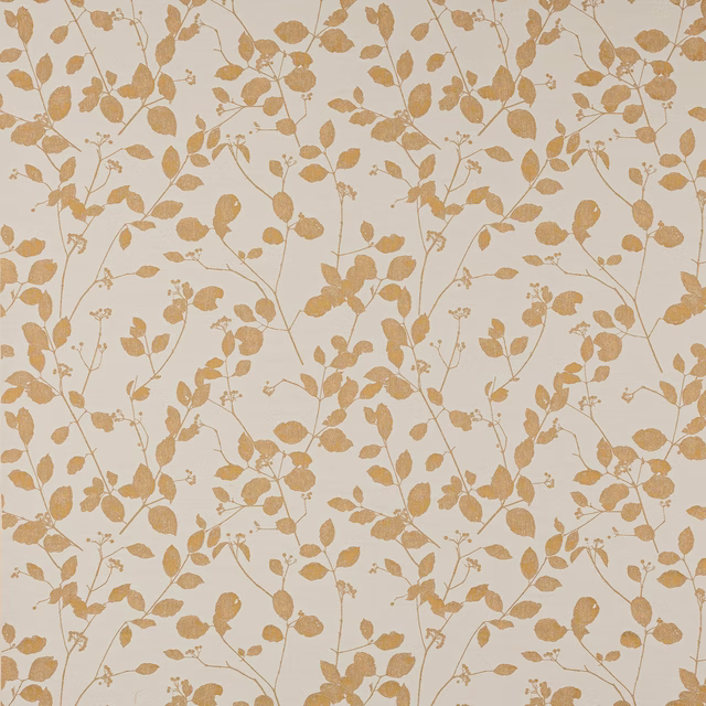 Pale ground fabric with trailing botanical leaves in soft antique gold