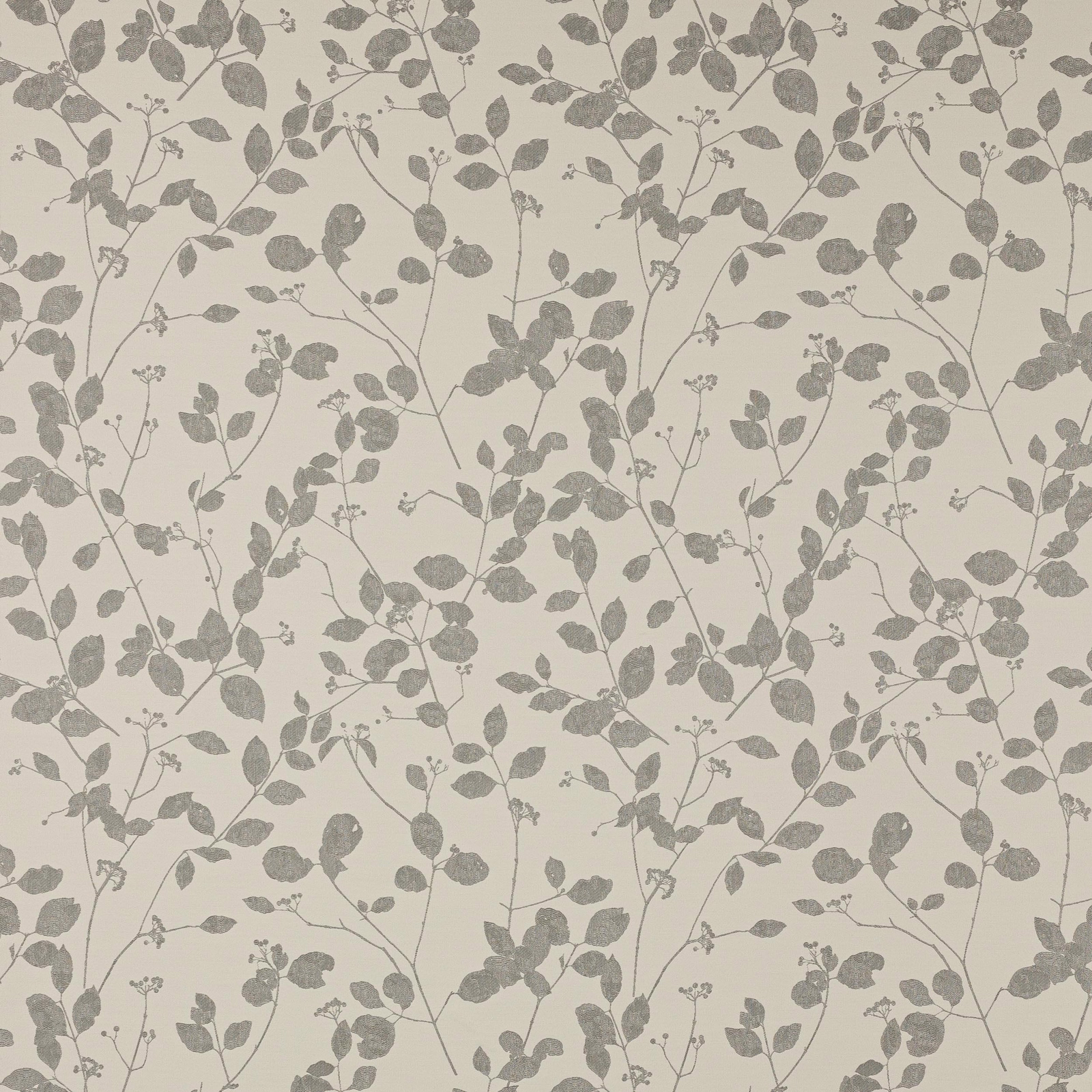 Pale cream fabric with soft silver-grey botanical leaves and fine trailing stems