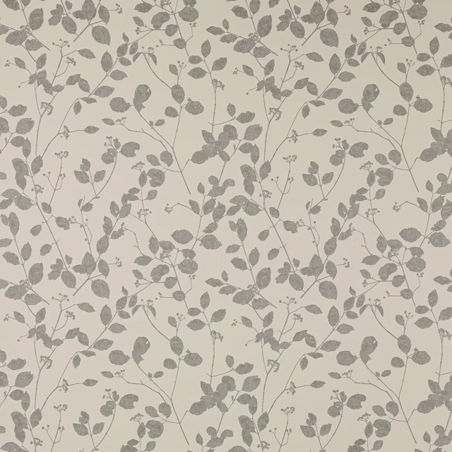 Pale cream fabric with soft silver-grey botanical leaves and fine trailing stems