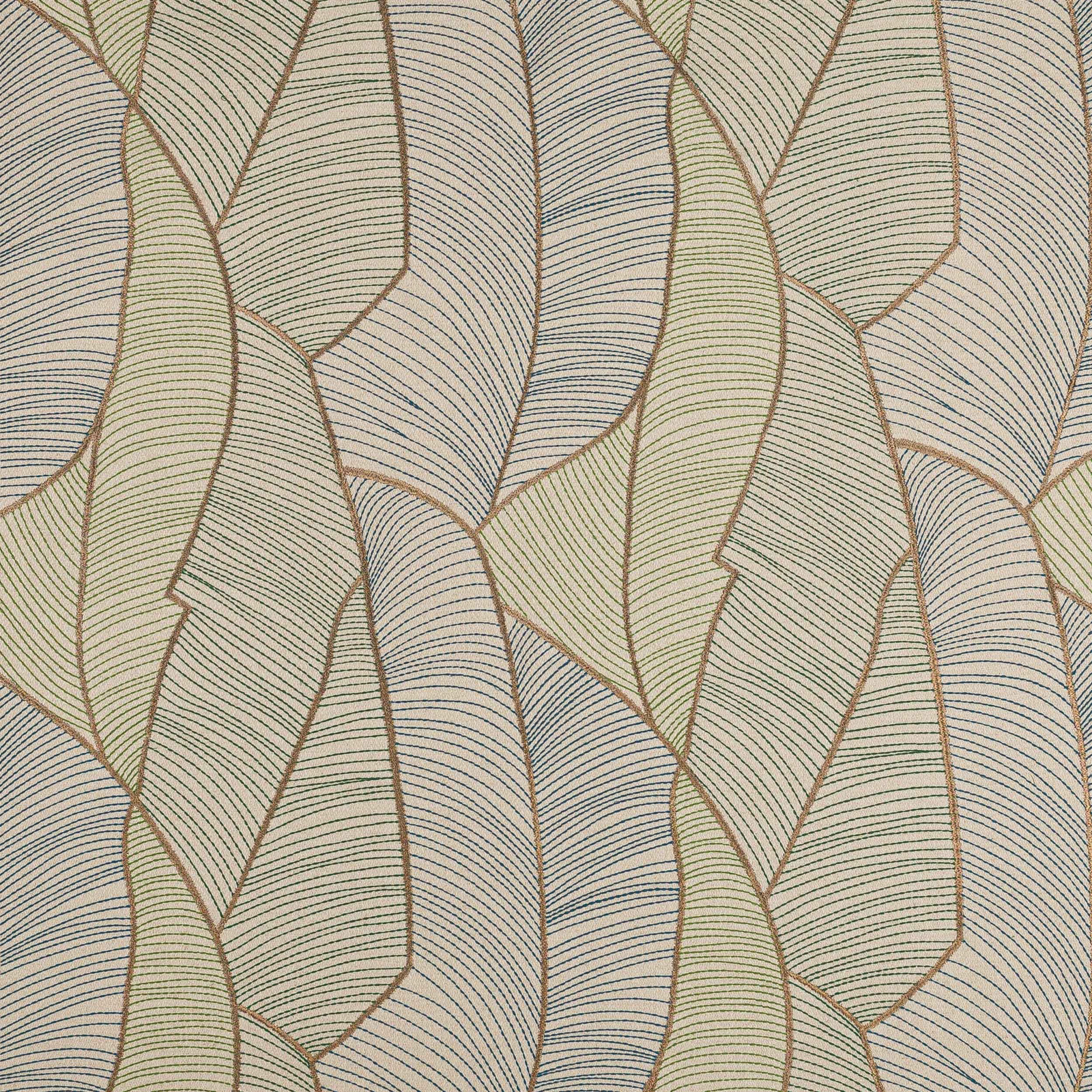 Leaf-like abstract fabric swatch in soft sage, blue-grey and tan with fine stripe detail