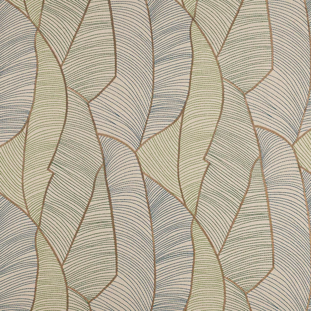 Leaf-like abstract fabric swatch in soft sage, blue-grey and tan with fine stripe detail