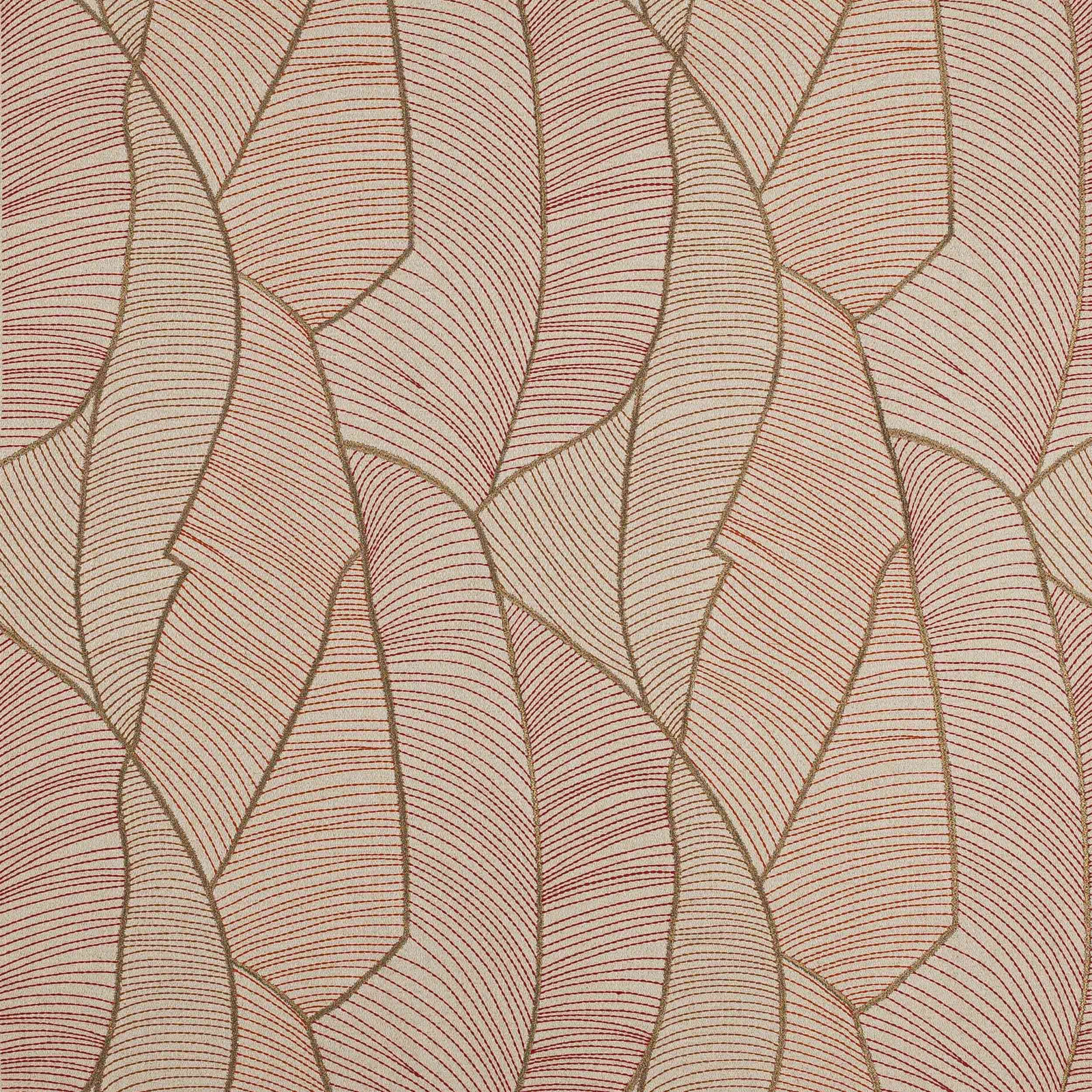 Spice pink and beige leaf-pattern woven fabric with fine horizontal striping