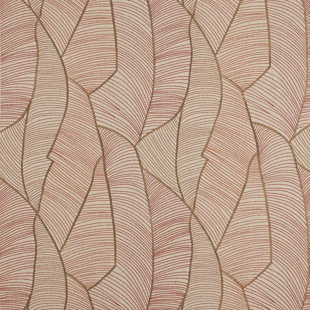 Spice pink and beige leaf-pattern woven fabric with fine horizontal striping