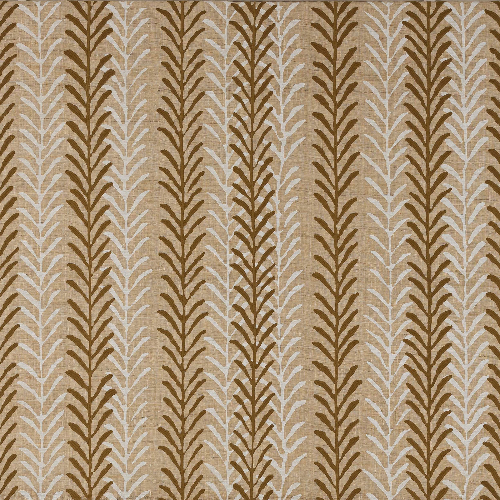 Saffron and ivory leaf motif on a warm beige textured fabric