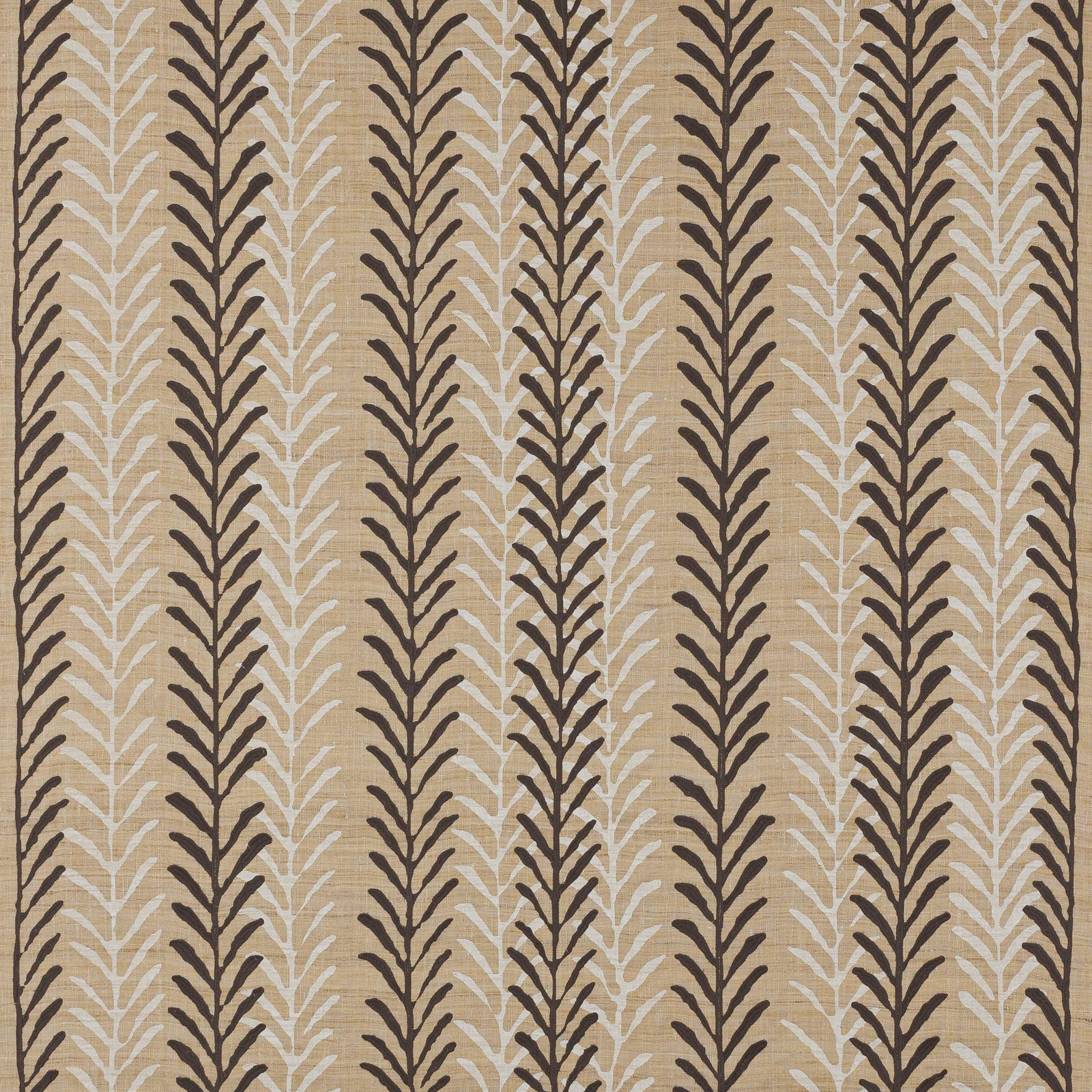 Beige and slate vertical leaf stripe fabric with dark brown and ivory motifs