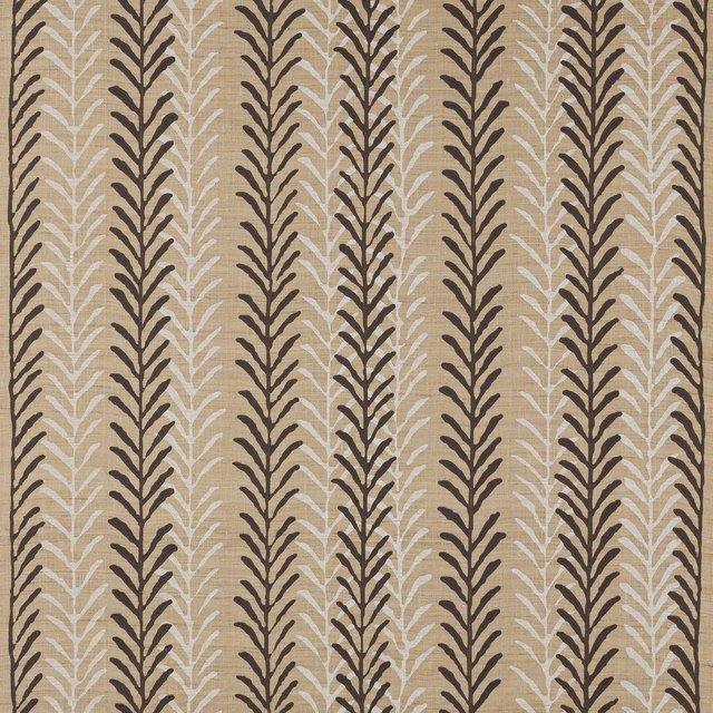 Beige and slate vertical leaf stripe fabric with dark brown and ivory motifs