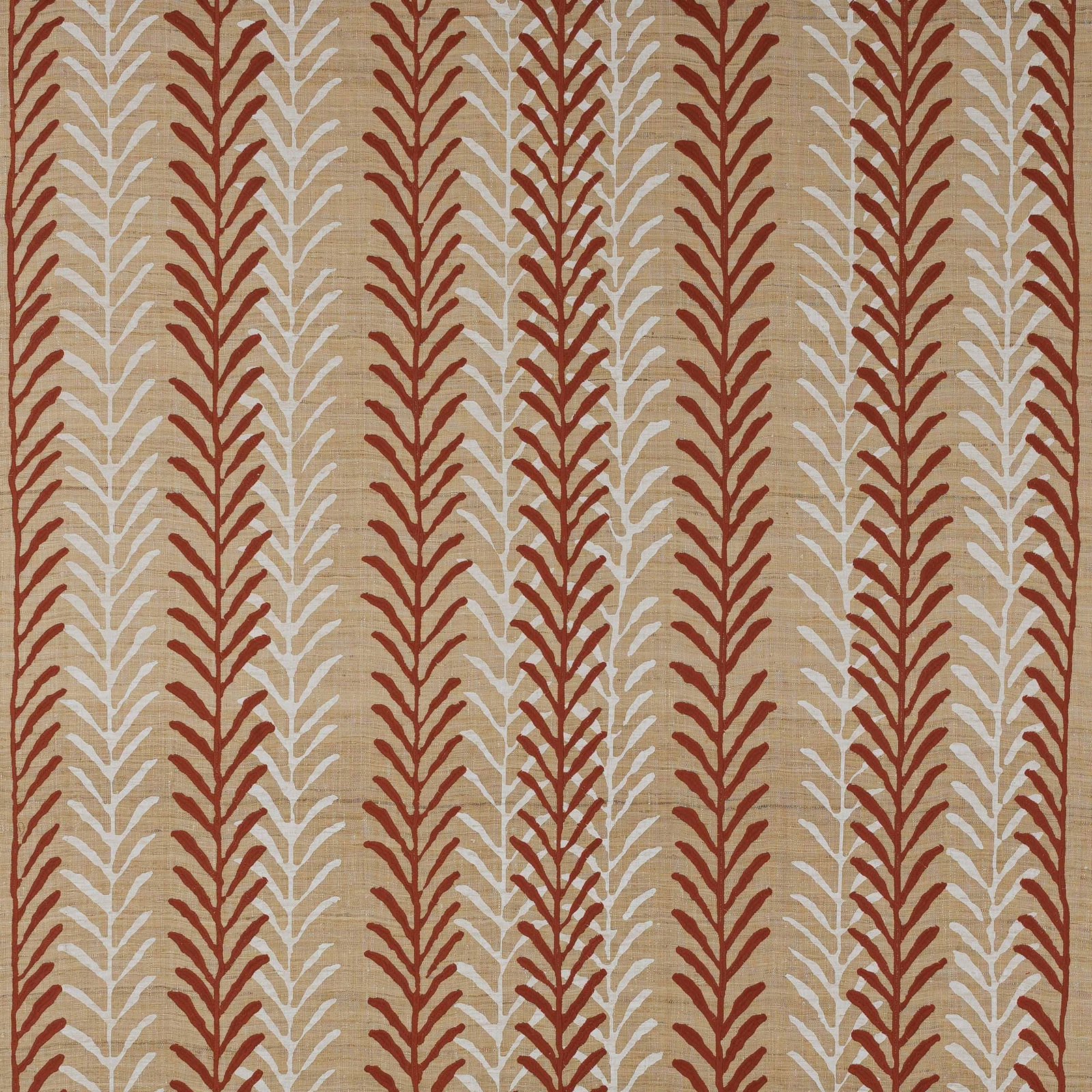 Vertical leafy stripe fabric in terracotta and ivory on a beige ground